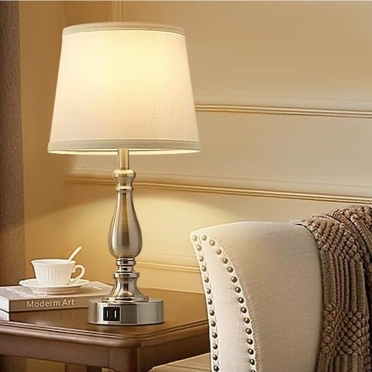 19-inch Touch Table Lamp 2-Piece Set With USB Port, 3-Way Dimmable, Linen Shade For Living Room Reading suitable for bedrooms, living rooms, offices, book(Light oat color Shade and Black Base)