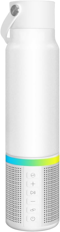 JBM Insulated Water Bottle with Bluetooth Speaker, Leak Proof Straw Lid, RGB LED Lights Stainless Steel Water Bottle for Sports (White)