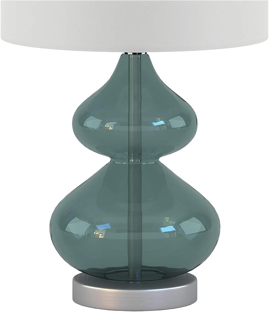 2 Pc 5DS153-0018 Ellipse Desk Lamp Modern Luxe Design Metal Silver Base Fabric Drum Shade for Living Room Office Desk Kids Reading Working, Blue