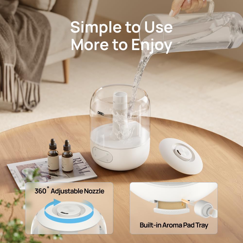 Dreo Humidifiers for Bedroom, Cool Mist 3L Humidifiers with 30Hr Runtime, Top Fill 3L Tank, Easy Clean, Humidity Sensor, Night Light for Baby, Nursery, 360° Nozzle for Plants and Home