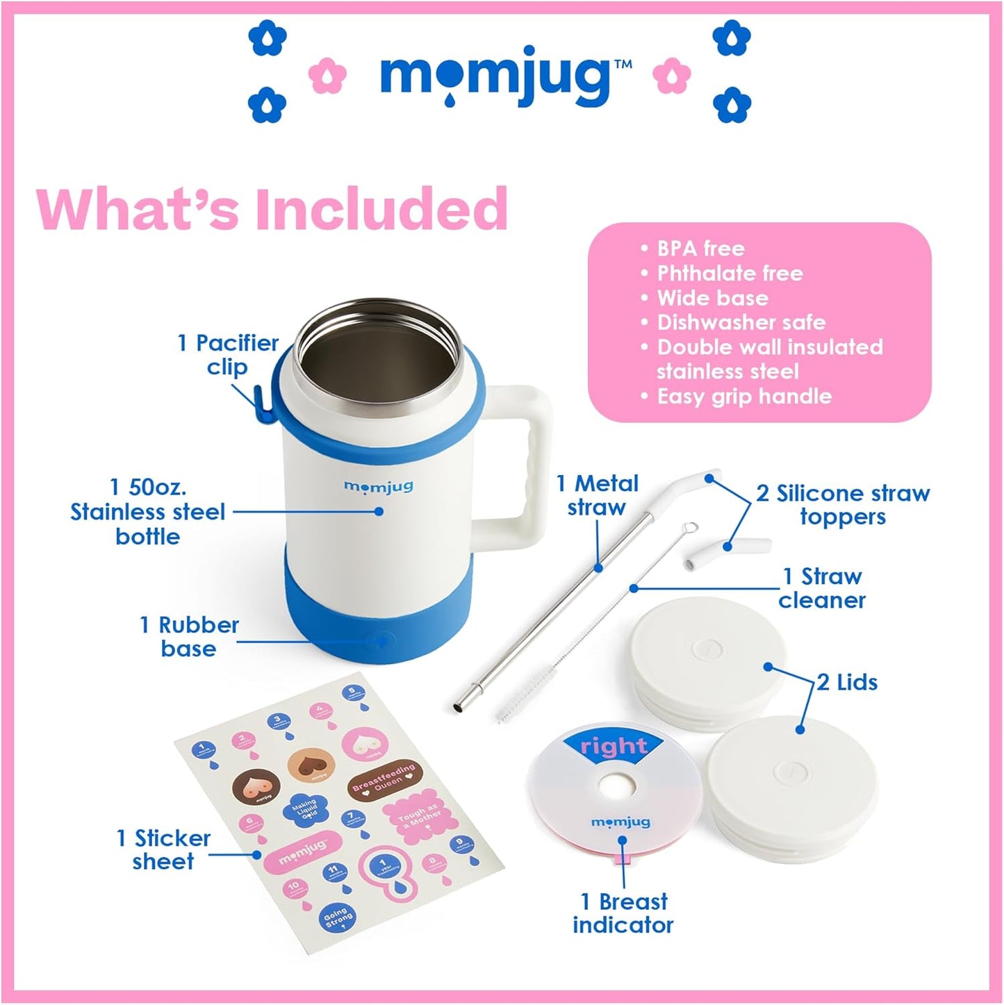 Hydration Water Bottle for Moms 50oz (Without Indicator, White)