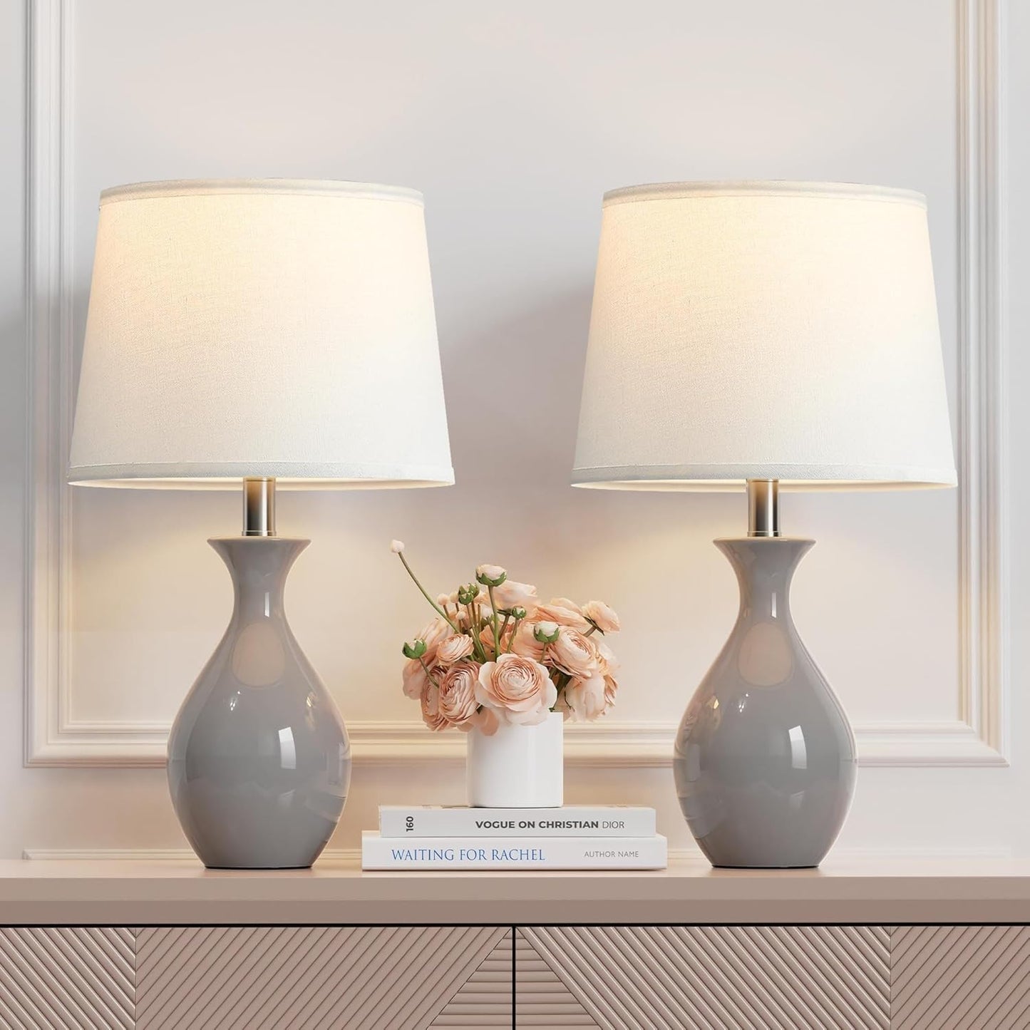 19" Modern Classic Ceramic Table Lamp Set of 2 with Rocker Switch for Bedroom Living Room Desk Side Table Suitable for bedrooms, Living Rooms, Offices, Book(White)