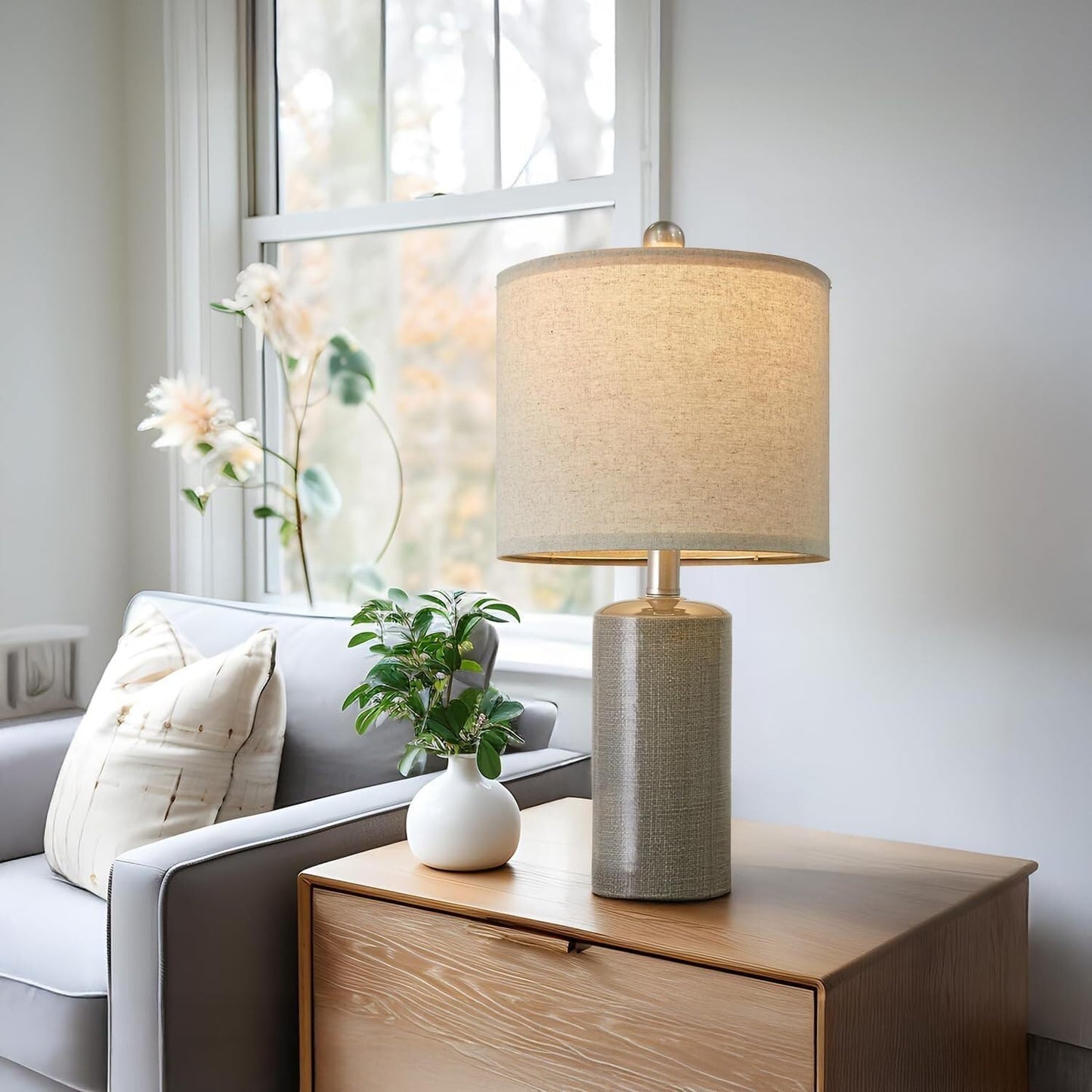20.25 Inch Modern Minimalist Ceramic Table Lamp with Linen Lampshade for Living Room Bedroom Bedside Lamp Suitable for bedrooms, Living Rooms, Offices, Book(Gray)