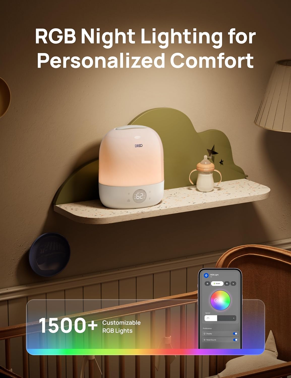 DREO Humidifiers for Bedroom Baby HM409S, Ultra Quiet 28dB & 3L Top Fill Cool Mist Humidifier for Nursery, Smart Air humidifier for Plants Indoor, 1500+ RGB Night Light & Sleep Routine Trainer