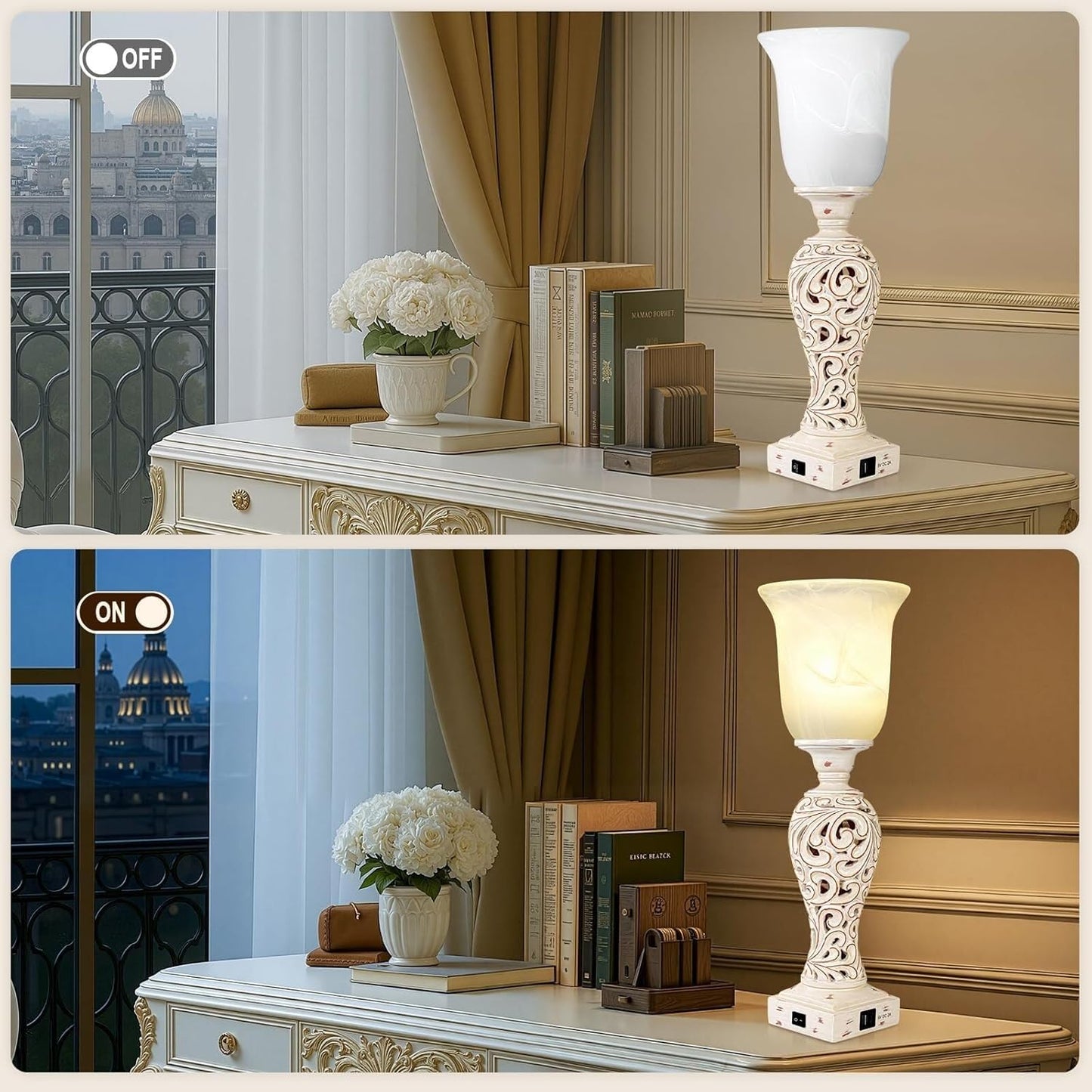 20" Vintage Table Lamp with 2 USB Charging Ports, Glass Shade Table Lamp, Dimmable, for Living Room Bedside Suitable for bedrooms, Living Rooms, Offices, Book