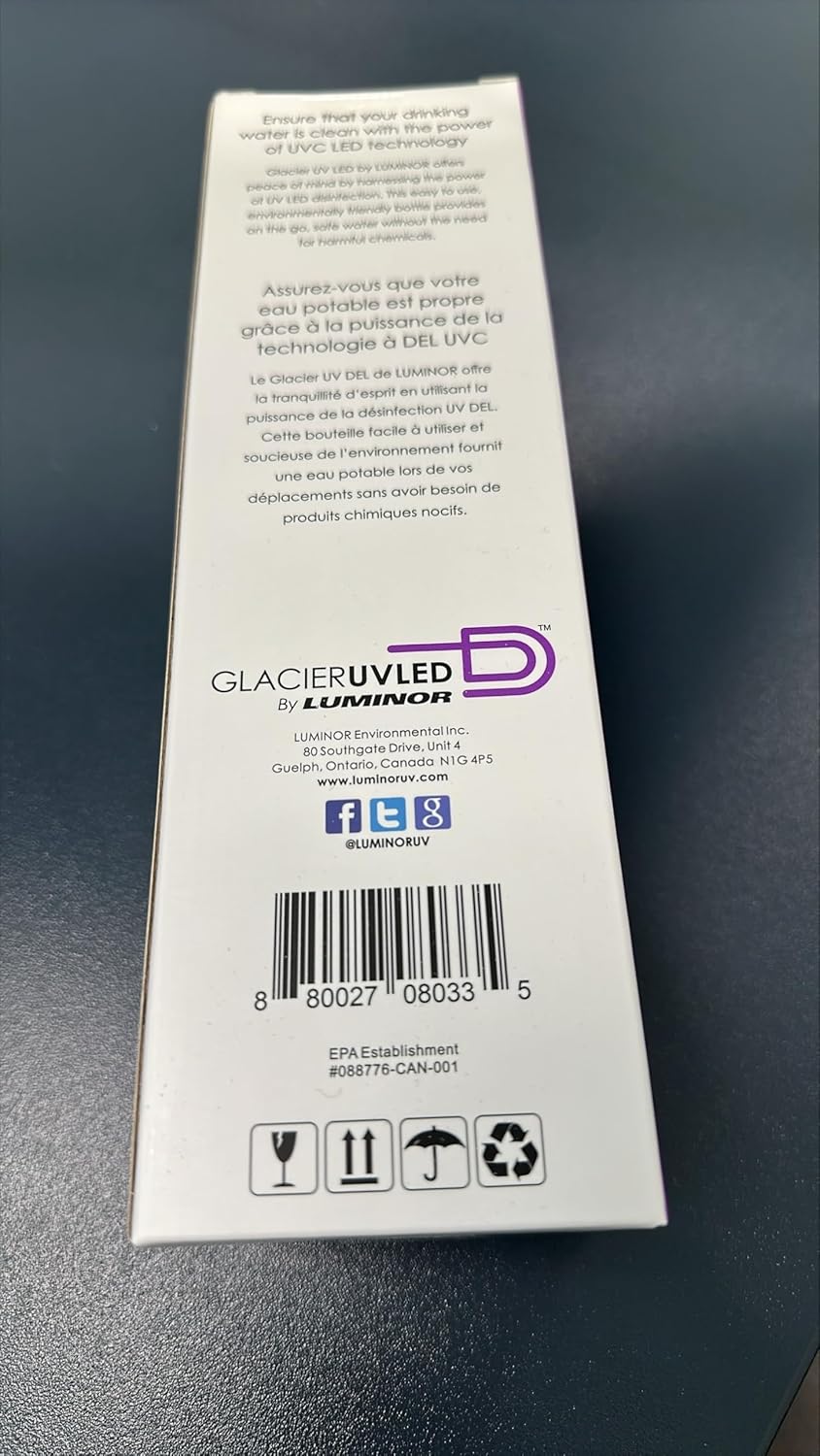 Luminor Glacier UV Self-Cleaning Water Bottle – 20 oz Rechargeable Stainless Steel Insulated Tumbler, Portable UVC Fast 90-Second Water Cleaner, USB-C Charging - for Travel, Hiking, Cycling