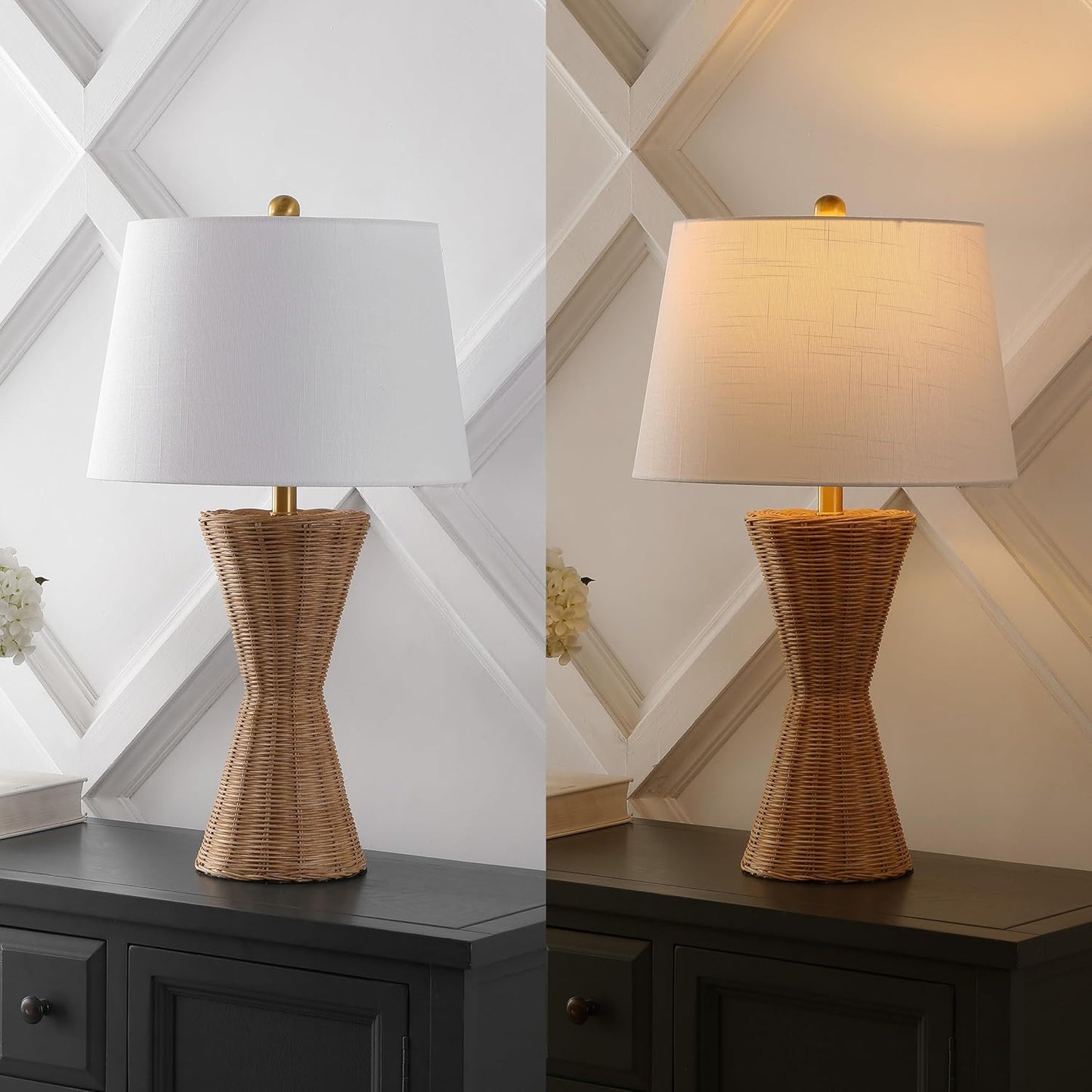 JONATHAN Y JYL4048A-SET2 Laura 27" Coastal Designer Iron/Rattan Wicker LED Table Lamp Bohemian, Style, Minimalist, Cottage, Transitional, Office, Living Room, Dining Room, Bedroom, Natural (Set of 2)