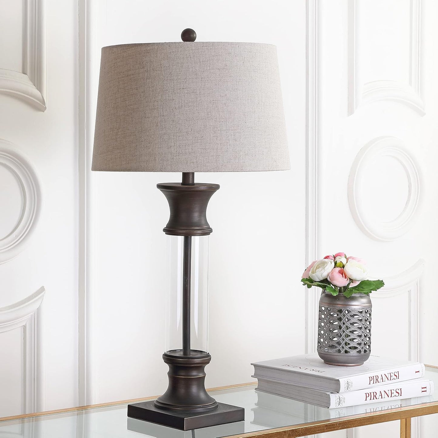 JONATHAN Y JYL4000A-SET2 Set of 2 Table Lamps Hunter 32" Metal/Glass LED Table Lamp Cottage Rustic Bedside Desk Nightstand Lamp for Bedroom Living Room Office College Bookcase, Bronze/Clear