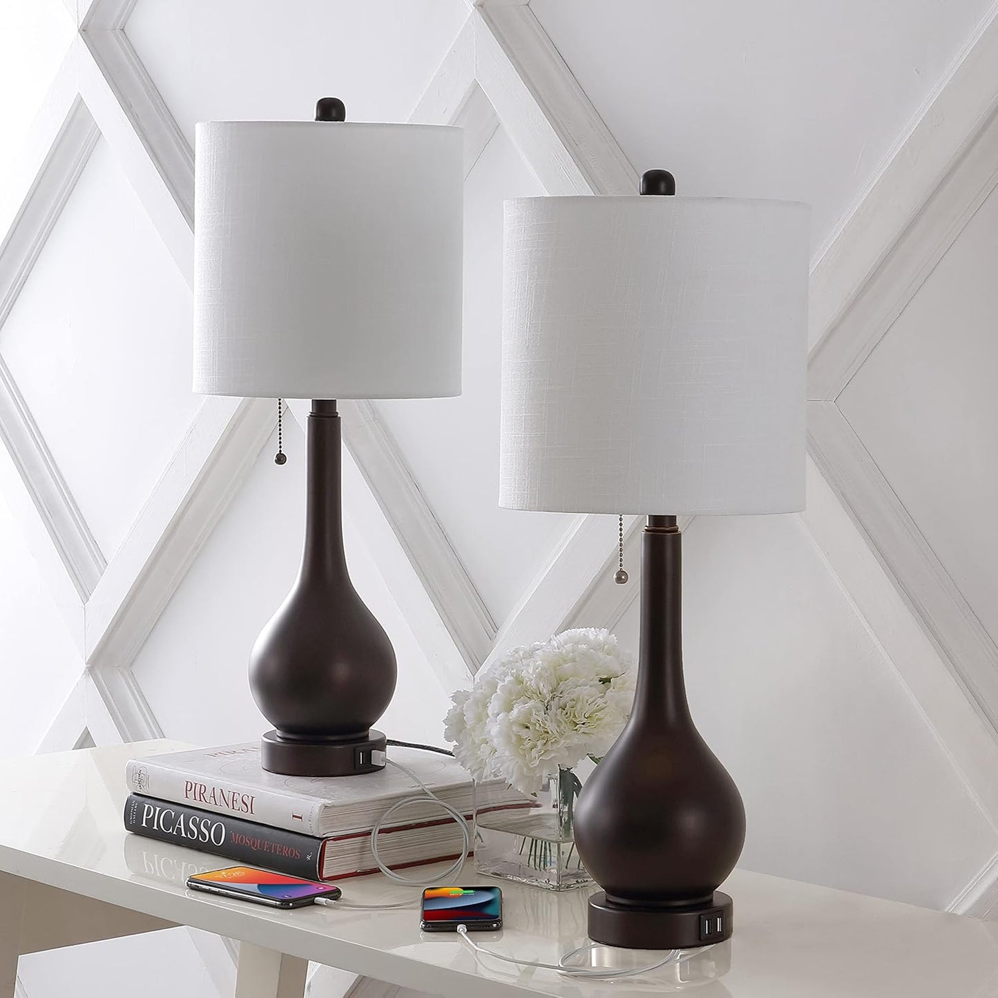 JONATHAN Y JYL1127A-SET2 Tyler 24" Gourd Iron LED Table Lamp, Pull-Chain, Dual USB Charging Port, Farmhouse, Classic, Modern, Traditional for Bedroom, Living Room, Office, Oil Rubbed Bronze, Set of 2