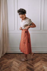 Linen A-Line Wrap Skirt with Ties - Orange Midi Skirt