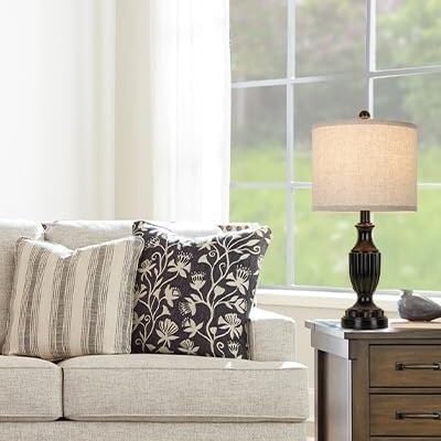 22" Farmhouse Table Lamp 2-Pack, Resin Base with Linen Shade, Suitable for Living Room Or Bedroom Side Table(Black)