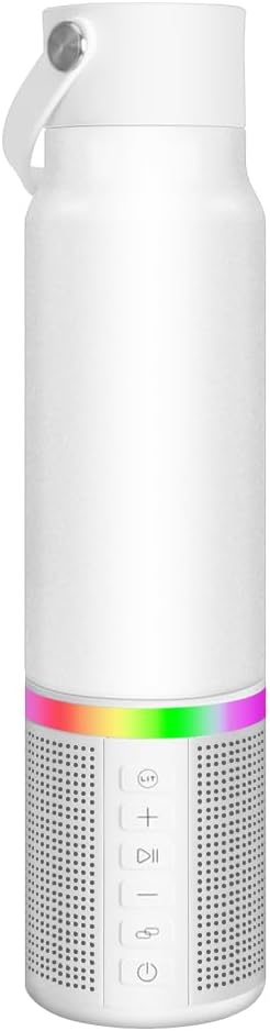 JBM Insulated Water Bottle with Bluetooth Speaker, Leak Proof Straw Lid, RGB LED Lights Stainless Steel Water Bottle for Sports (White)