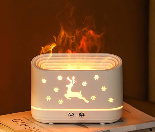 Decorative Flame Effect Humidifier, 300ml Capacity, LED Night Light with Reindeer Design, 6.5W, 6.69x2.76x4.73 inches