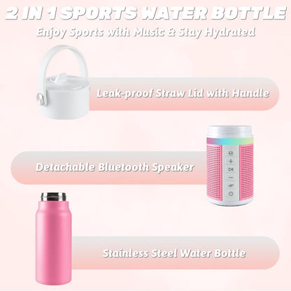 JBM Insulated Water Bottle with Bluetooth Speaker, Leak Proof Straw Lid, RGB LED Lights Stainless Steel Water Bottle for Sports (White)