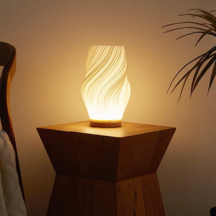 French Cream 3D Desk Lamp – LED Table Light with 3D Printed Shade, 3 Color Modes, 9 Brightness Levels, Touch Control, USB Powered, Solid Wood Base | Klarako (W, 1, Count)