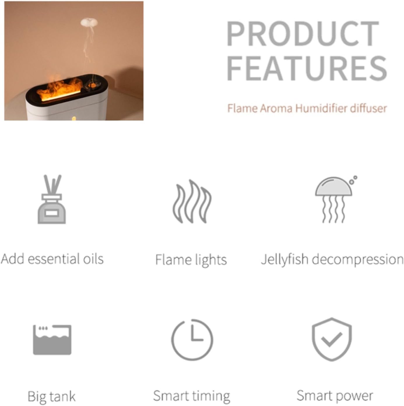 Flame Aroma Diffuser,Humidifiers And Air Purifiers,Simulated Flame, 2 Color Lights, 3 Timings, Jellyfish Steam, Silent Humidification For Baby Bedroom Plant Office Yoga
