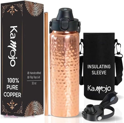 Copper Water Bottle for Drinking - Hammered 100% Pure Copper Tumbler with Leak Proof Lid, Removable Insulating Sleeve & Straw - Handcrafted Ayurvedic Cup for Water 32 fl oz