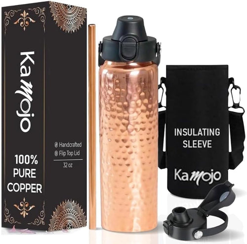 Copper Water Bottle for Drinking - Hammered 100% Pure Copper Tumbler with Leak Proof Lid, Removable Insulating Sleeve & Straw - Handcrafted Ayurvedic Cup for Water 32 fl oz