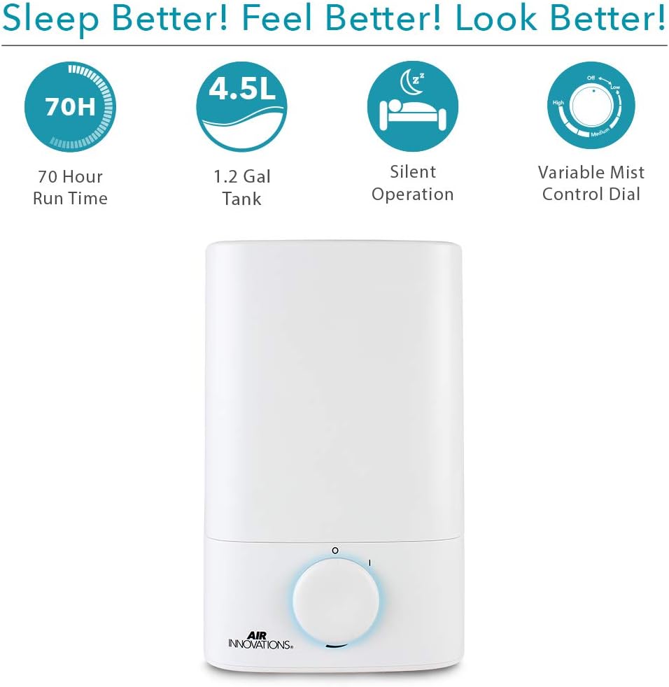 Air Innovations Humidifiers for Bedroom Convenient Oversized 4.5L Tank Runs for 70 Hours for Large Room up to 400 Sq Ft Top Fill Cool Mist Humidifier Ideal for Baby Room and Plants MH-419, White, 1.2