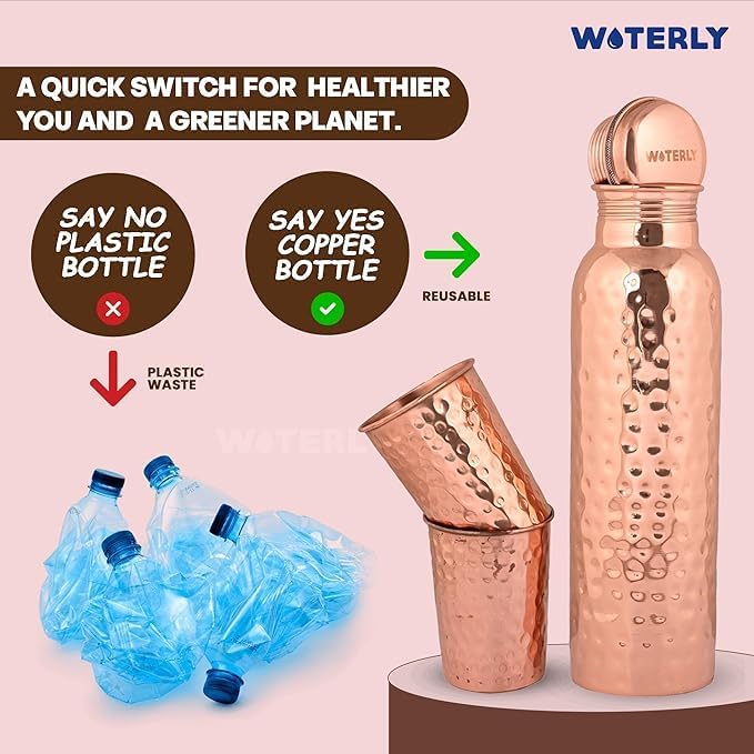 Plain Copper Water Bottle (34 Oz /1000ml) With Set Of 2 Tumbler (10 Oz/300ml Each) | Best use for Office,Gym & gifts |100% Pure Copper Material with Leak proof Quality