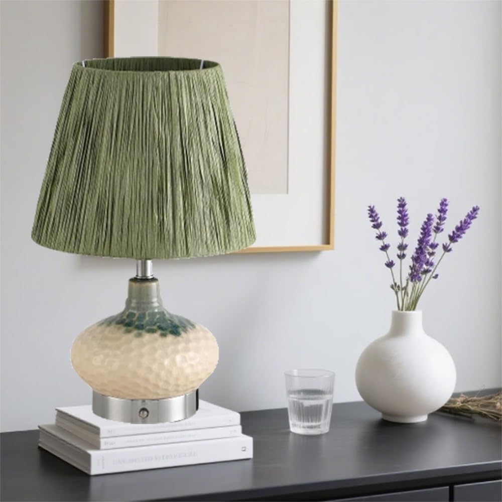 Farmhouse Table Lamp with Dimming Bulb, Green Bedside Light with Raffia Lampshades, Ceramic Night Stand Lamps for Living Room Study Office,1 Pack(2 Pack)