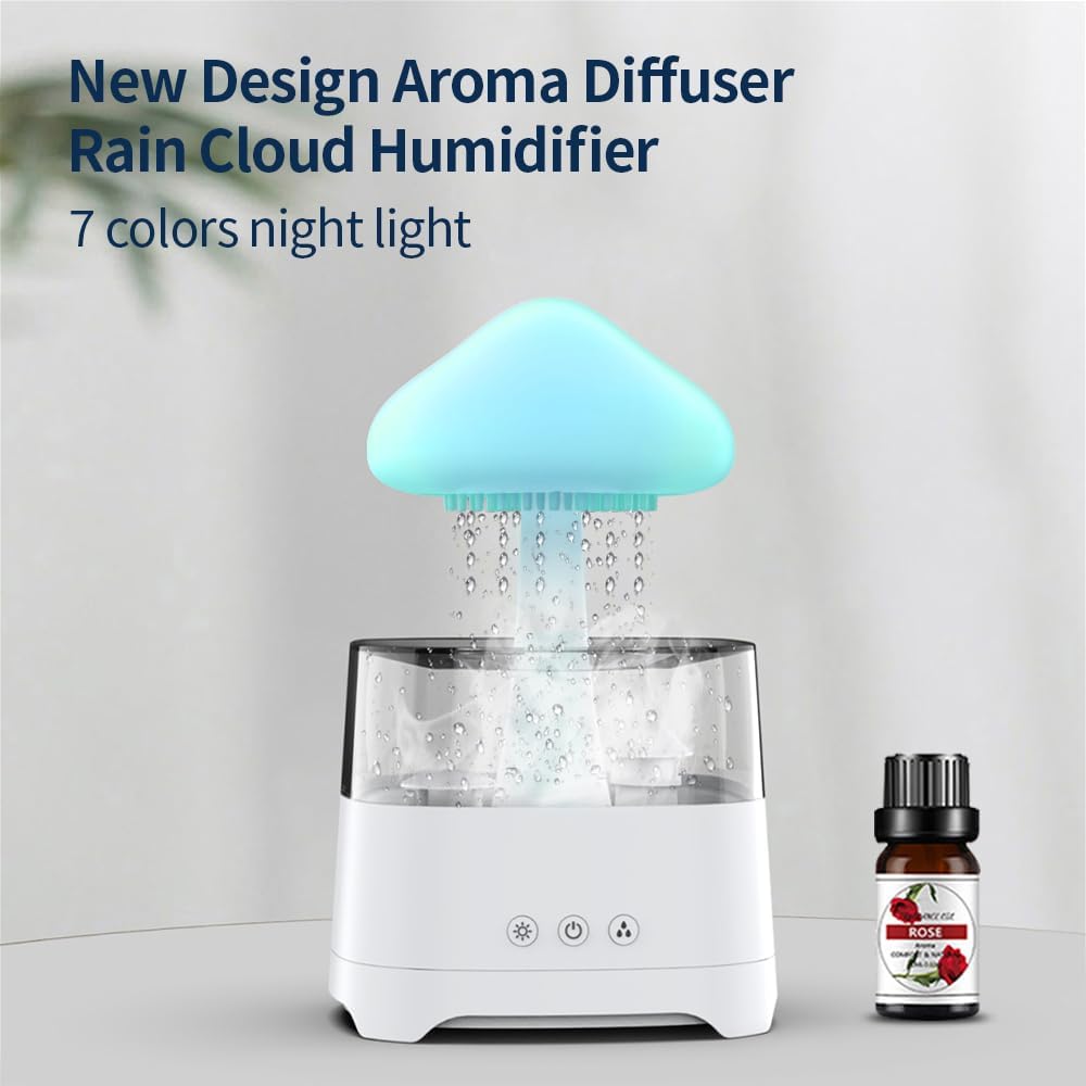 Diffuserlove Rain Diffuser Cloud Humidifier 450ML Diffuser Water Drip Waterfall Lamp Mushroom Humidifier (Size: 6.54''x10.5'')