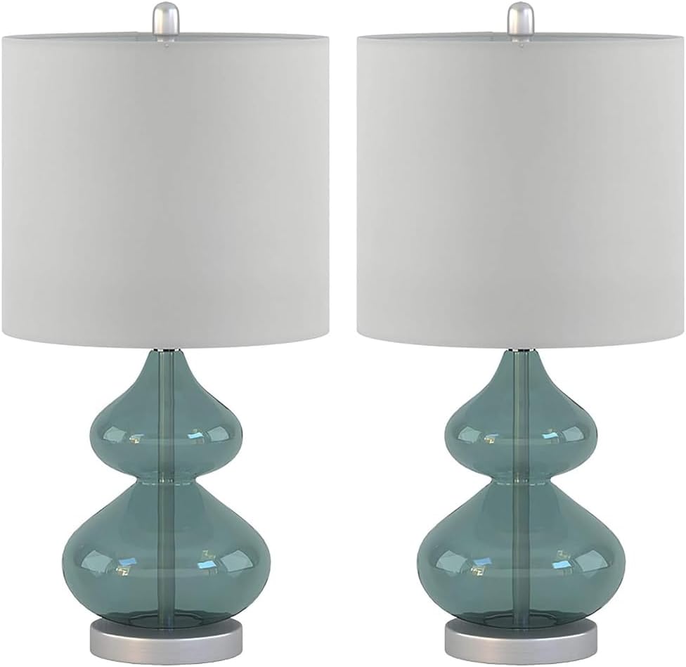 2 Pc 5DS153-0018 Ellipse Desk Lamp Modern Luxe Design Metal Silver Base Fabric Drum Shade for Living Room Office Desk Kids Reading Working, Blue