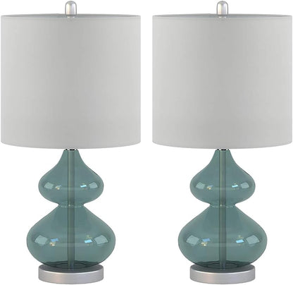 2 Pc 5DS153-0018 Ellipse Desk Lamp Modern Luxe Design Metal Silver Base Fabric Drum Shade for Living Room Office Desk Kids Reading Working, Blue