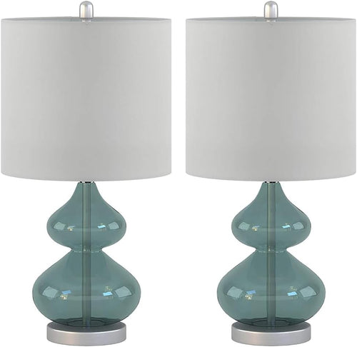 2 Pc 5DS153-0018 Ellipse Desk Lamp Modern Luxe Design Metal Silver Base Fabric Drum Shade for Living Room Office Desk Kids Reading Working, Blue