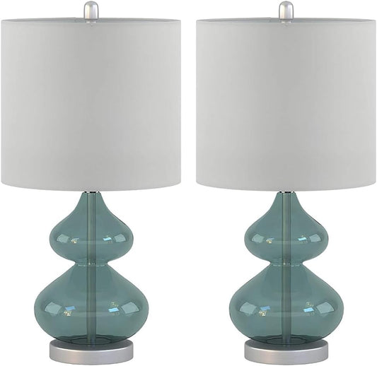 2 Pc 5DS153-0018 Ellipse Desk Lamp Modern Luxe Design Metal Silver Base Fabric Drum Shade for Living Room Office Desk Kids Reading Working, Blue