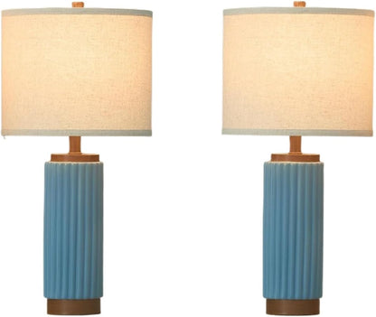 25-inch Modern Ceramic Table Lamp 2-Pack, 3-Way Dimmable, Oatmeal Shade for Living Room, Bedroom, and Dining Room Suitable for Living Room, Dormitory, Office,(Blue)