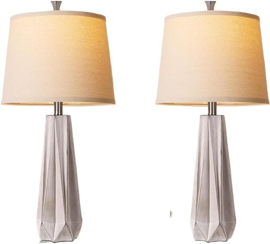 27" Resin Table Lamp Set of 2, 3 Color Temperatures, with Linen Shade, Nightstand Bedroom Office Decor, 2 Bulbs Included for Restaurant/Bedroom/Bar/Camping/Outdoor(Light Wood Grain)