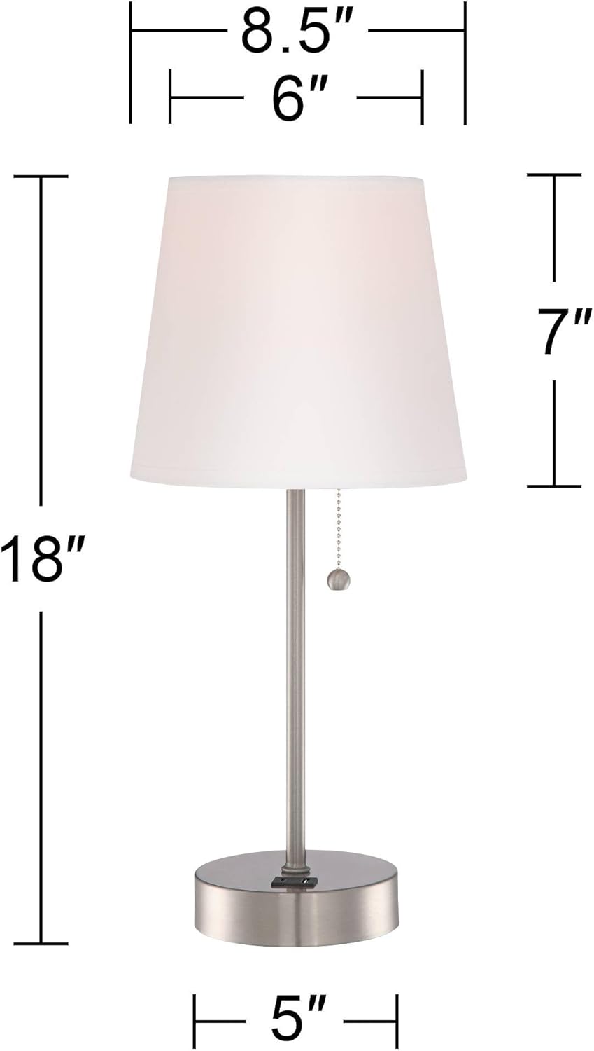 360 Lighting Justin Modern Accent 3-Way Table Lamps 18" High Set of 2 with USB Charging Port and Table Top Dimmers Silver Metal White Fabric Empire Shade for Bedroom House Bedside Home