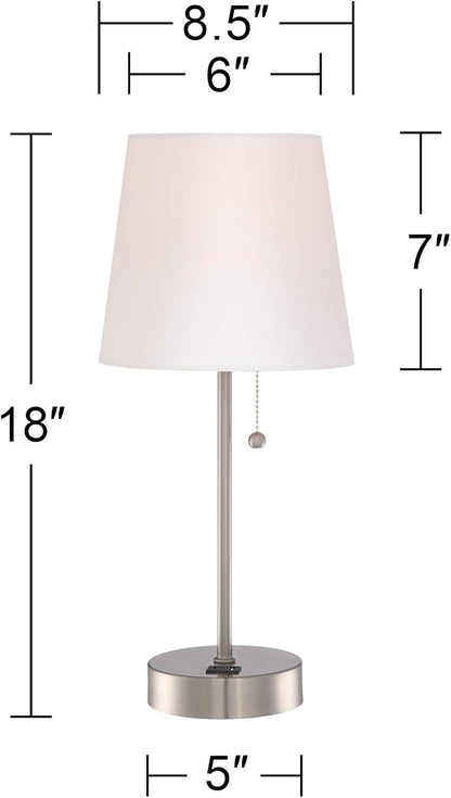 360 Lighting Justin Modern Accent 3-Way Table Lamps 18" High Set of 2 with USB Charging Port and Table Top Dimmers Silver Metal White Fabric Empire Shade for Bedroom House Bedside Home