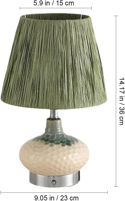 Farmhouse Table Lamp with Dimming Bulb, Green Bedside Light with Raffia Lampshades, Ceramic Night Stand Lamps for Living Room Study Office,1 Pack(2 Pack)