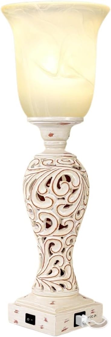 20" Vintage Table Lamp with 2 USB Charging Ports, Glass Shade Table Lamp, Dimmable, for Living Room Bedside Suitable for bedrooms, Living Rooms, Offices, Book