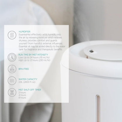 EssentialMist Essential Oil Humidifier and Diffuser, 3 Timer Settings, Night Light Mode, White