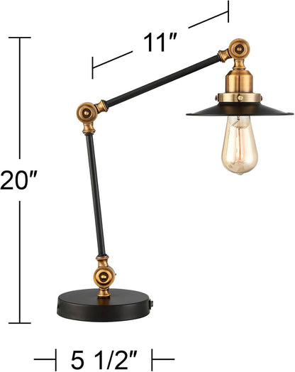 360 Lighting Taurus 20" High Small Farmhouse Rustic Industrial Traditional Desk Lamps Set of 2 USB Ports Adjustable Black Gold Shade Home Office Living Room Charging Bedroom Bedside Nightstand House