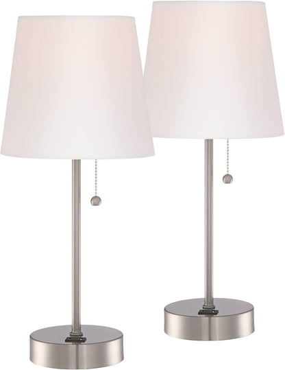 360 Lighting Justin Modern Accent 3-Way Table Lamps 18" High Set of 2 with USB Charging Port and Table Top Dimmers Silver Metal White Fabric Empire Shade for Bedroom House Bedside Home