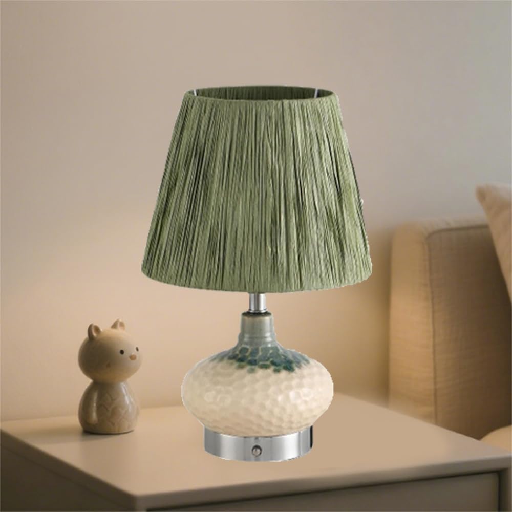 Farmhouse Table Lamp with Dimming Bulb, Green Bedside Light with Raffia Lampshades, Ceramic Night Stand Lamps for Living Room Study Office,1 Pack(2 Pack)