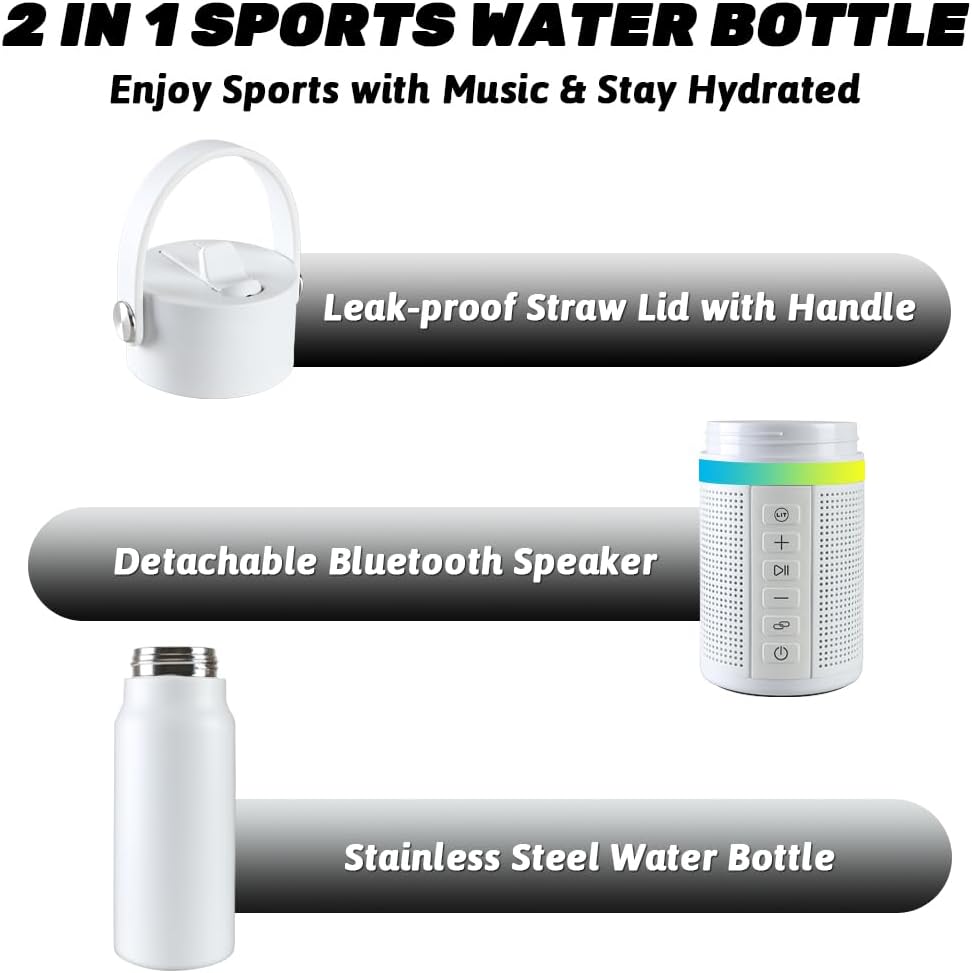 JBM Insulated Water Bottle with Bluetooth Speaker, Leak Proof Straw Lid, RGB LED Lights Stainless Steel Water Bottle for Sports (White)