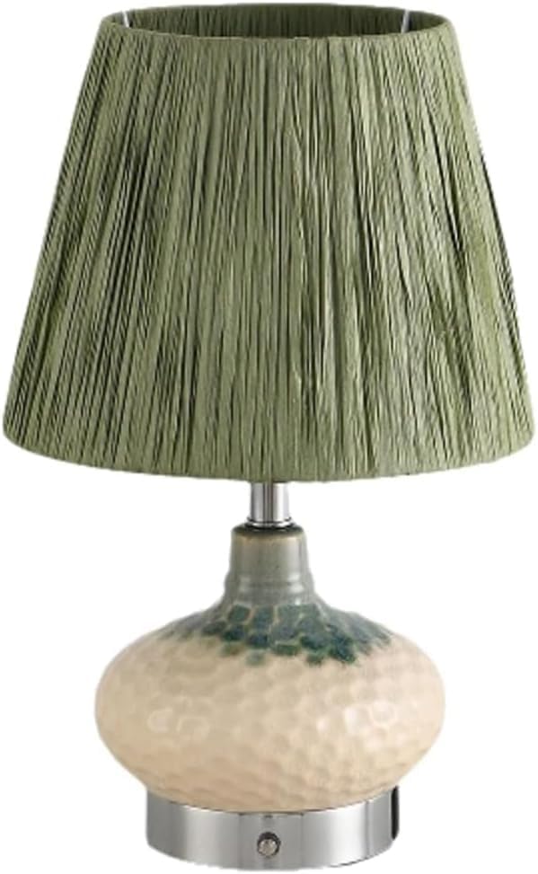 Farmhouse Table Lamp with Dimming Bulb, Green Bedside Light with Raffia Lampshades, Ceramic Night Stand Lamps for Living Room Study Office,1 Pack(2 Pack)