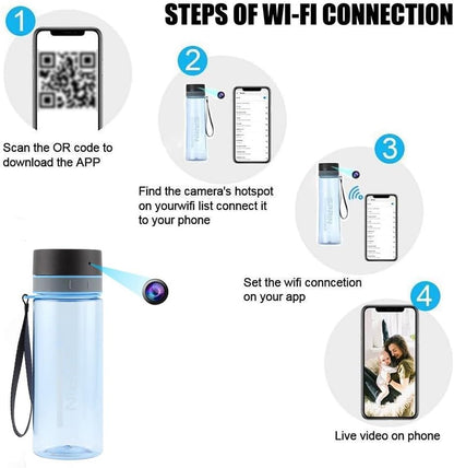WiFi Water Bottle with 1080P Camera, 90° Wide Angle, 128GB Expandable Memory, Smart Tracking for Fitness & Home Security, 1000mAh Battery (Light gray)