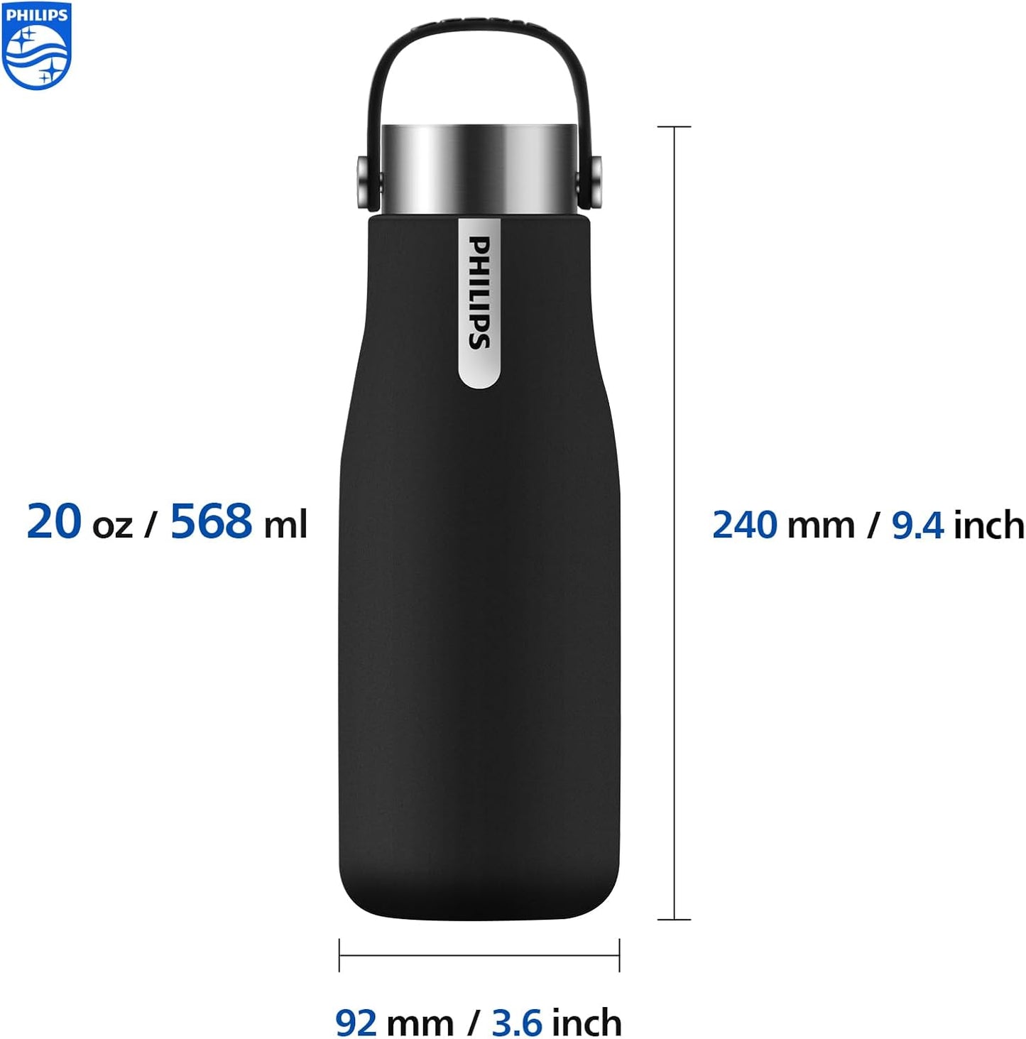 PHILIPS Water GoZero UV Self-Cleaning Smart Water Bottle Vacuum Stainless Steel Insulated Water Bottle with Handle Double-wall, Auto Cleaning, Keep Drink Hot or Cold, BPA Free, Black, 20oz