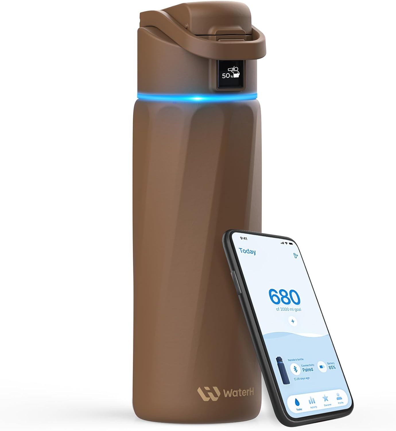 WATERH Boost Smart Water Bottle with Reminder to Drink Water, 24oz BPA-Free Stainless Steel Vacuum Insulated Water Bottle, Wide Mouth Water Tracker Bottle with APP, Ideal for Gift