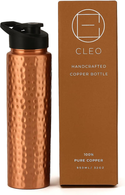 CLEO HOME 100% Pure Copper Water Bottle for Drinking, 32 Oz Hammered Ayurvedic Copper Bottle for Drinking Water | Leak-Proof & Eco-Friendly | For Yoga, Office, Travel with Canvas Carry Bag & Brush