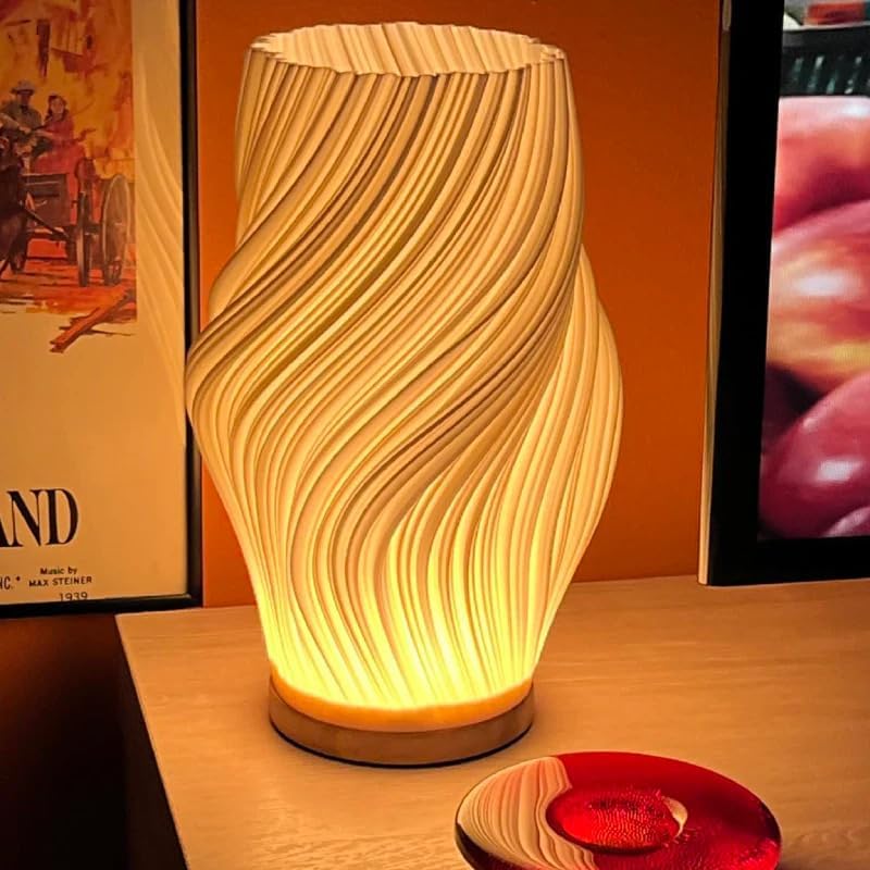 French Cream 3D Desk Lamp – LED Table Light with 3D Printed Shade, 3 Color Modes, 9 Brightness Levels, Touch Control, USB Powered, Solid Wood Base | Klarako (W, 1, Count)