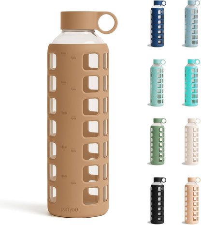 purifyou 40oz / 32oz / 22oz / 12oz Borosilicate Glass Water Bottle with Time & Volume Markers, Silicone Sleeve, Stainless Steel Lid | Reusable Glass Bottle for Water & Juice (40oz Jet Black)
