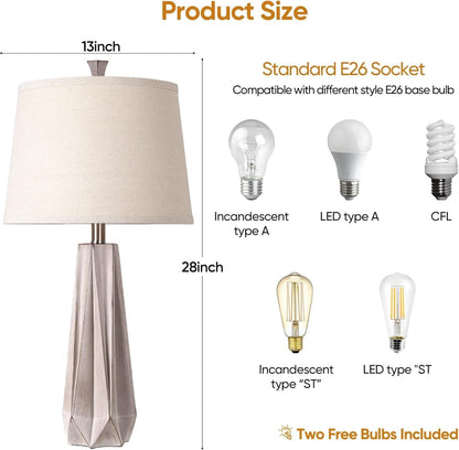 3 Color Temperature Table Lamp, Linen Shade, Living Room Nightstand Bedroom Decor, Bulb Included, Light Wood Grain 2-Pack Suitable for Living Room, Dormitory, Office,