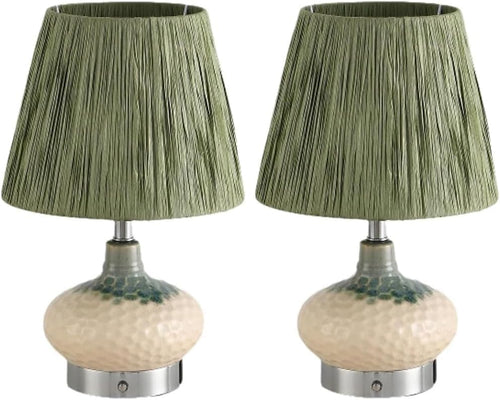 Farmhouse Table Lamp with Dimming Bulb, Green Bedside Light with Raffia Lampshades, Ceramic Night Stand Lamps for Living Room Study Office,1 Pack(2 Pack)